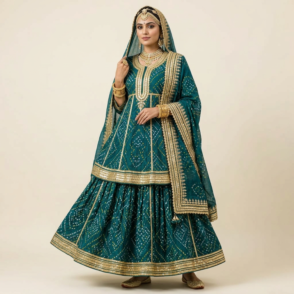 Teal Bandhej Gold Poshak