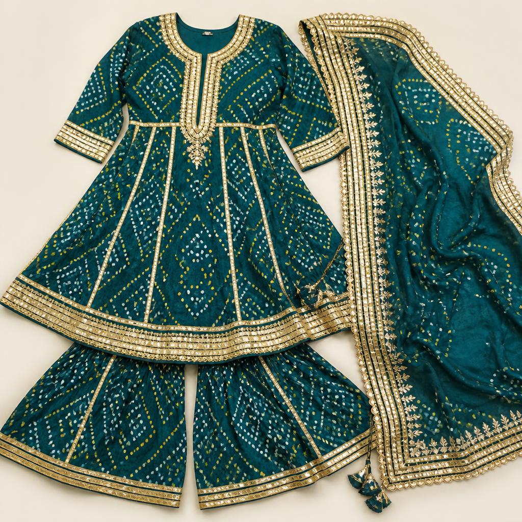 Teal Bandhej Gold Poshak